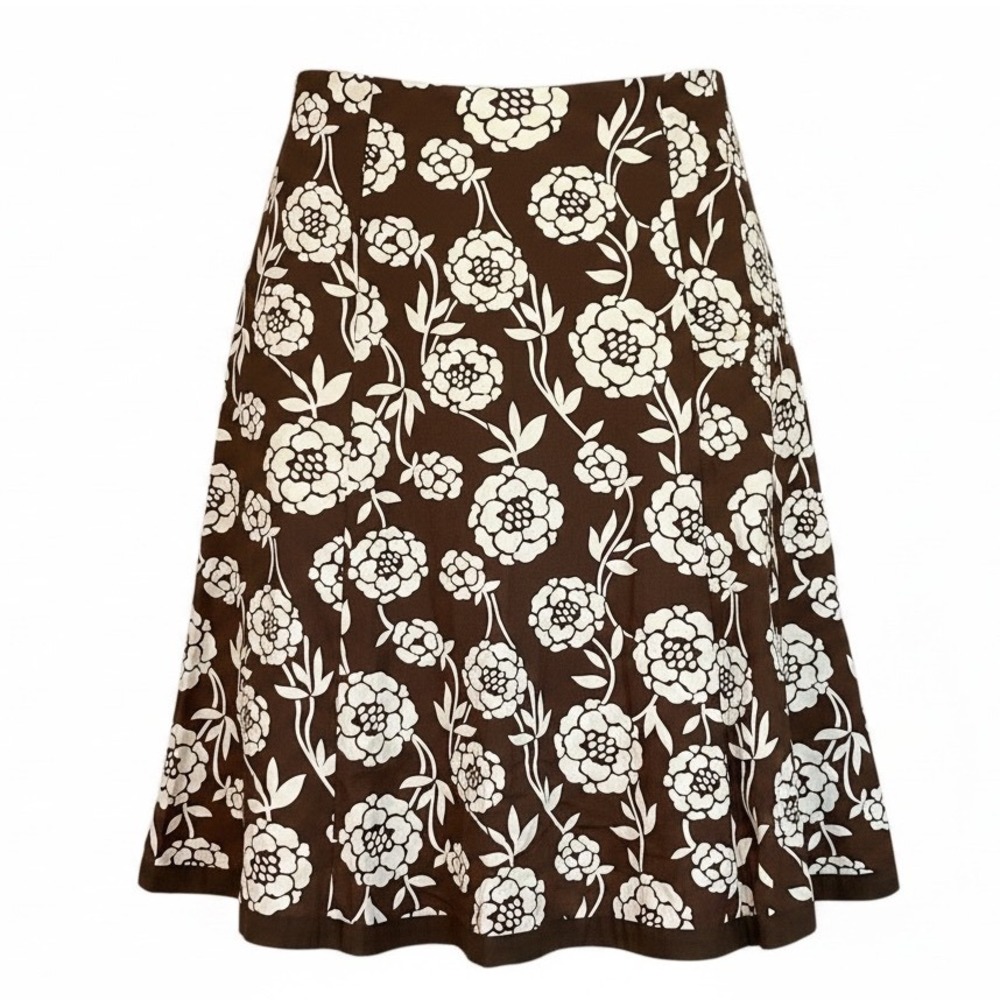 Boden Brown White Floral A-Line Skirt Sz 10R UK 14R Cotton Lined Retro Mod Print